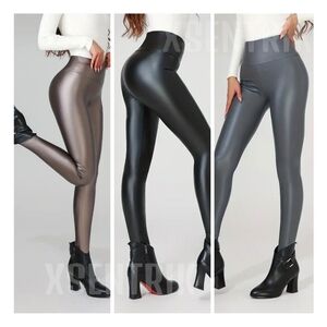 Women's High-Waisted Shiny Faux Leather Leggings - Black, Gray, Brown